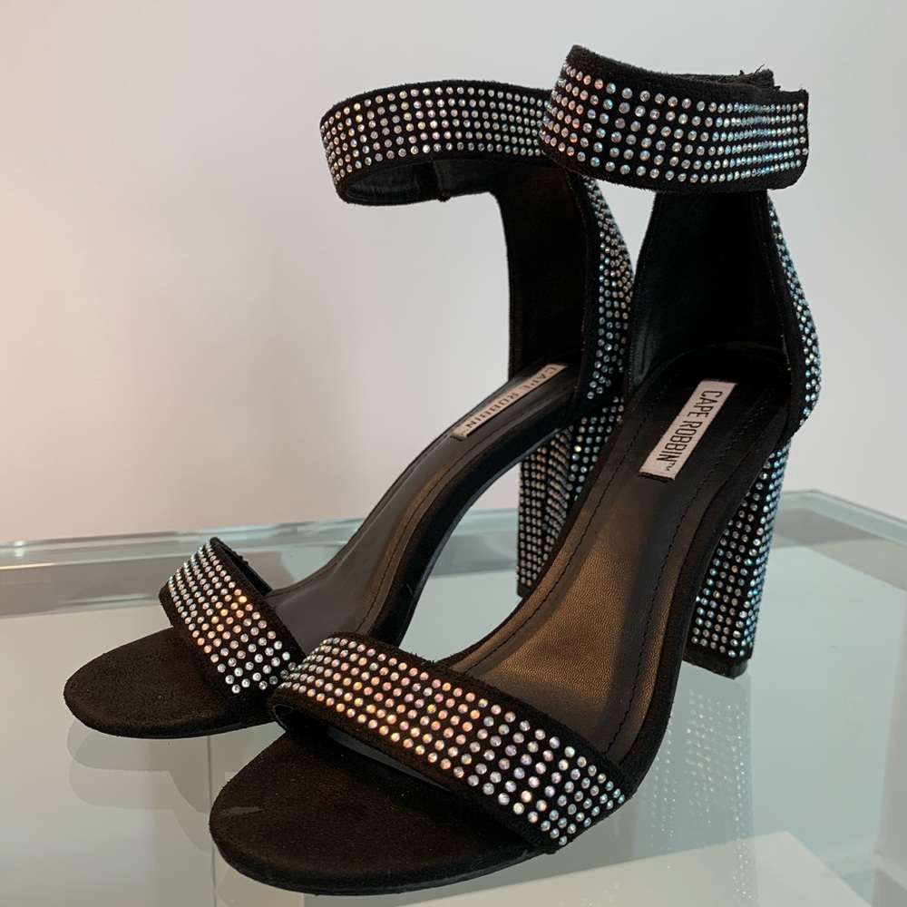 Black block heels with rhinestones